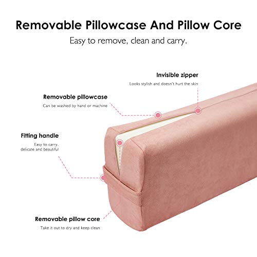 REEHUT Bolster Yoga Rectangular, Cojín de Meditación de Densidad Mixta y Soporte Cómodo, Relleno de Esponja y Funda de Ante Lavable, con Manija (66 x 26 cm) - Rosado