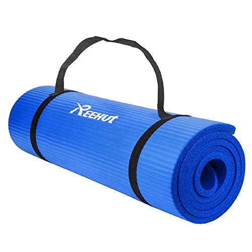 REEHUT Colchoneta de Yoga de NBR de Alta Densidad y Extra Gruesa de 12mm Diseñada para Pilates, Fitness y Entrenamiento - con Correa de Hombro 180cm x 61cm（Azul）