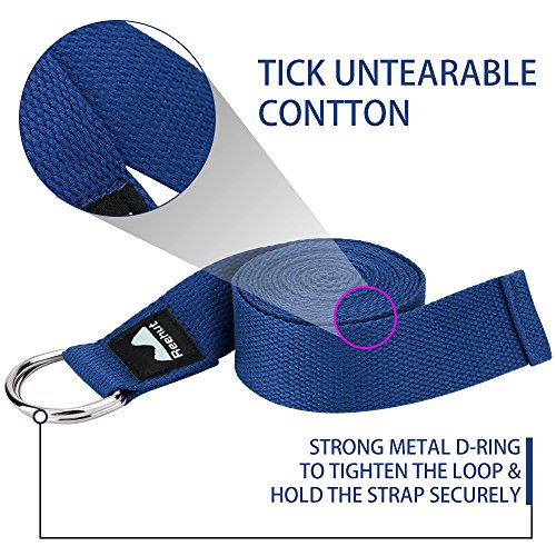 REEHUT Correa para Yoga - Cinturón con Hebilla Metal D-Anillos de Poliéster Algodón Resistente para Ejercicios de Estiramiento, Fitness, Pilates y Flexibilidad (Azul Oscuro,2.4m,8ft)
