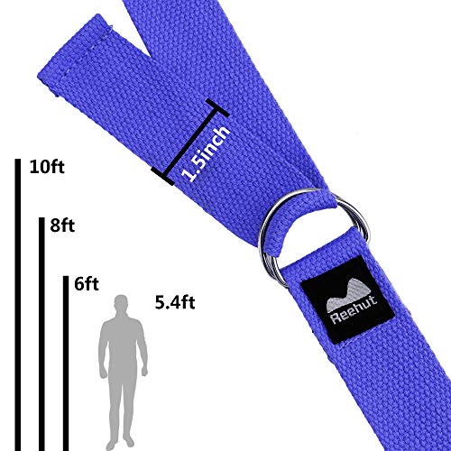 REEHUT Correa para Yoga - Cinturón con Hebilla Metal D-Anillos de Poliéster Algodón Resistente para Ejercicios de Estiramiento, Fitness, Pilates y Flexibilidad (Azul Oscuro,1.8m,6ft)