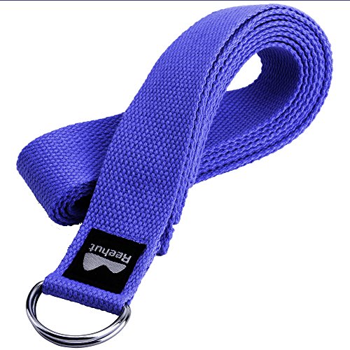 REEHUT Correa para Yoga - Cinturón con Hebilla Metal D-Anillos de Poliéster Algodón Resistente para Ejercicios de Estiramiento, Fitness, Pilates y Flexibilidad (Azul Oscuro,1.8m,6ft)