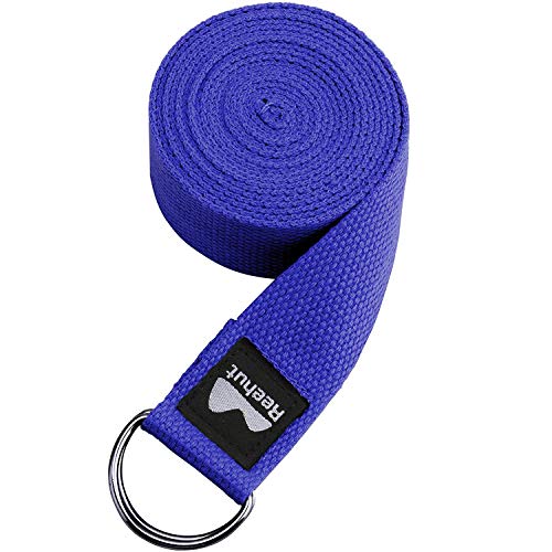 REEHUT Correa para Yoga - Cinturón con Hebilla Metal D-Anillos de Poliéster Algodón Resistente para Ejercicios de Estiramiento, Fitness, Pilates y Flexibilidad (Azul Oscuro,1.8m,6ft)