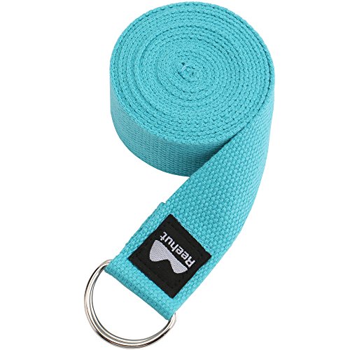 REEHUT Correa para Yoga - Cinturón con Hebilla Metal D-Anillos de Poliéster Algodón Resistente para Ejercicios de Estiramiento, Fitness, Pilates y Flexibilidad (Azul Claro,3m,10ft)