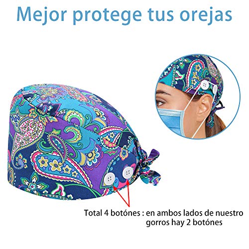 Reesibi Gorro de Quirofano Cap Hat Ajustable, Turbante Pelo Sombrero Trabajo Gorros Hombre Mujer Fines Múltiples, Estampado Gorro, Gorro Ducha - Ccuatros Unidades