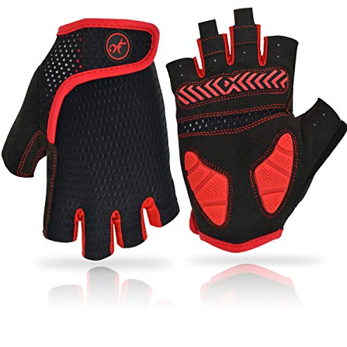 REETEE Guantes de Bicicleta Medio Dedo Guantes para Hombres Mujeres Antideslizante Transpirable Guantes de Ciclismo Guantes Deportivos Cortos para al Aire Libre de Ciclismo (Rojo, L)