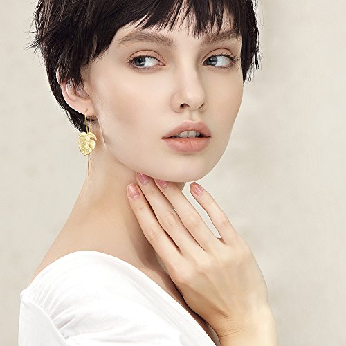 ♥ Regalo para Navidad♥ JIANGYUYAN Pendientes colgantes de plata esterlina S925 Pendientes colgantes de hojas de Monstera para mujeres y niñas, regalo de joyería único hecho a mano(Gold)