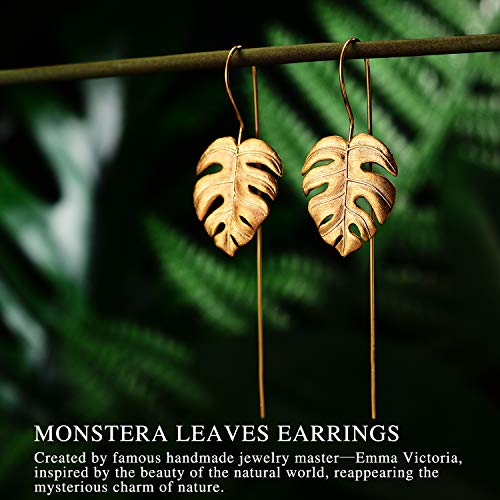 ♥ Regalo para Navidad♥ JIANGYUYAN Pendientes colgantes de plata esterlina S925 Pendientes colgantes de hojas de Monstera para mujeres y niñas, regalo de joyería único hecho a mano(Gold)