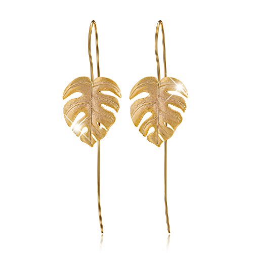 ♥ Regalo para Navidad♥ JIANGYUYAN Pendientes colgantes de plata esterlina S925 Pendientes colgantes de hojas de Monstera para mujeres y niñas, regalo de joyería único hecho a mano(Gold)