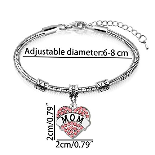 Regalos para el día de la madre - mamá madre encanto corazón de cristal colgante brazalete (rosa)