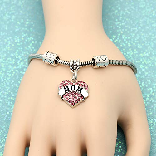 Regalos para el día de la madre - mamá madre encanto corazón de cristal colgante brazalete (rosa)