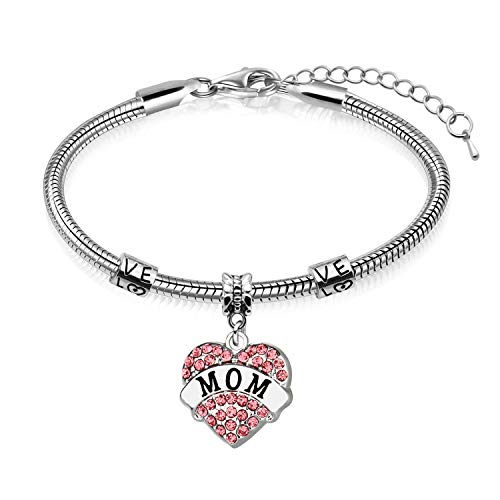 Regalos para el día de la madre - mamá madre encanto corazón de cristal colgante brazalete (rosa)