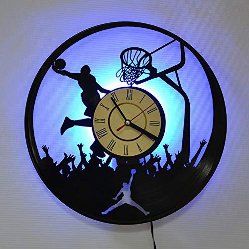 Regalos reloj de pared de disco de vinilo reloj de pared reloj de pared de silencio creativo reloj de pared de baloncesto Deportesde la serie LED para los amigos que como Jordan,Led light (data cable)