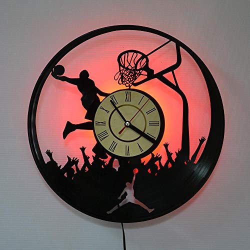 Regalos reloj de pared de disco de vinilo reloj de pared reloj de pared de silencio creativo reloj de pared de baloncesto Deportesde la serie LED para los amigos que como Jordan,Led light (data cable)