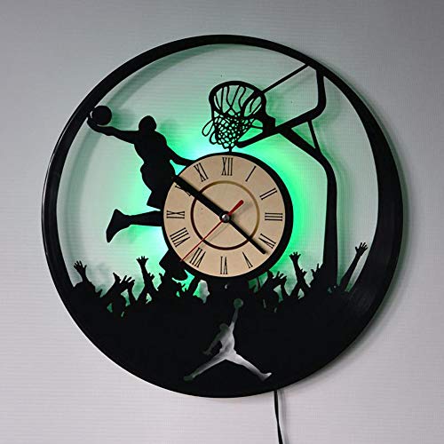 Regalos reloj de pared de disco de vinilo reloj de pared reloj de pared de silencio creativo reloj de pared de baloncesto Deportesde la serie LED para los amigos que como Jordan,Led light (data cable)