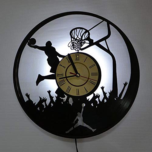 Regalos reloj de pared de disco de vinilo reloj de pared reloj de pared de silencio creativo reloj de pared de baloncesto Deportesde la serie LED para los amigos que como Jordan,Led light (data cable)