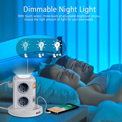 Regleta Enchufes con usb, BEVA Regleta Vertical Enchufes de 8 Tomas Corrientes y 3 Rápida USB Tomas, Torre Enchufes con luz nocturna regulable y Protección Contra Sobrecargas, Cable de 2M, 2500W/10A Regleta Enchufes con usb, BEVA Regleta Vertical Enchufes de 8 Tomas Corrientes y 3 Rápida USB Tomas, Torre Enchufes con luz nocturna regulable y Protección Contra Sobrecargas, Cable de 2M, 2500W/10A