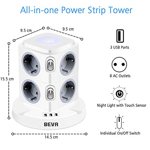 Regleta Enchufes con usb, BEVA Regleta Vertical Enchufes de 8 Tomas Corrientes y 3 Rápida USB Tomas, Torre Enchufes con luz nocturna regulable y Protección Contra Sobrecargas, Cable de 2M, 2500W/10A