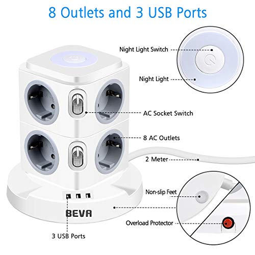 Regleta Enchufes con usb, BEVA Regleta Vertical Enchufes de 8 Tomas Corrientes y 3 Rápida USB Tomas, Torre Enchufes con luz nocturna regulable y Protección Contra Sobrecargas, Cable de 2M, 2500W/10A