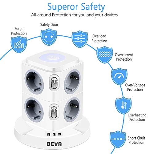 Regleta Enchufes con usb, BEVA Regleta Vertical Enchufes de 8 Tomas Corrientes y 3 Rápida USB Tomas, Torre Enchufes con luz nocturna regulable y Protección Contra Sobrecargas, Cable de 2M, 2500W/10A Regleta Enchufes con usb, BEVA Regleta Vertical Enchufes de 8 Tomas Corrientes y 3 Rápida USB Tomas, Torre Enchufes con luz nocturna regulable y Protección Contra Sobrecargas, Cable de 2M, 2500W/10A