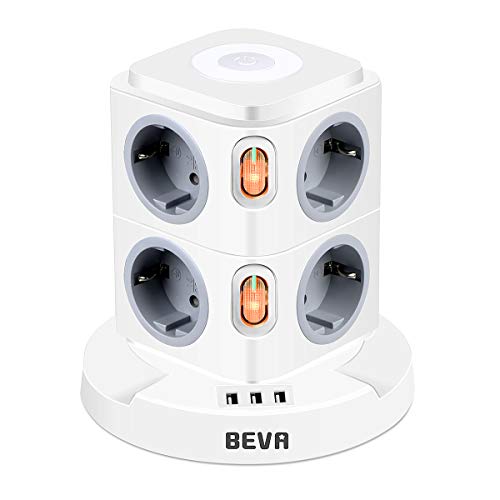 Regleta Enchufes con usb, BEVA Regleta Vertical Enchufes de 8 Tomas Corrientes y 3 Rápida USB Tomas, Torre Enchufes con luz nocturna regulable y Protección Contra Sobrecargas, Cable de 2M, 2500W/10A Regleta Enchufes con usb, BEVA Regleta Vertical Enchufes de 8 Tomas Corrientes y 3 Rápida USB Tomas, Torre Enchufes con luz nocturna regulable y Protección Contra Sobrecargas, Cable de 2M, 2500W/10A
