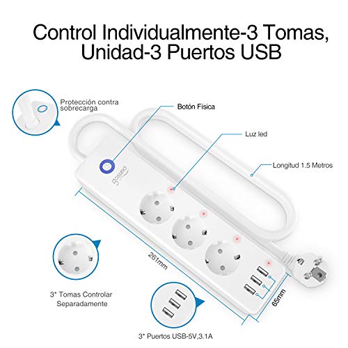 Regleta Inteligente Enchufe Wifi, Monitor de Energía, Gosund Smart Power Strip con 3 Zócalos Control Individual y 3 USB, Control por Voz y Controlado por App, Temporizador, Cable 1.5 Mts