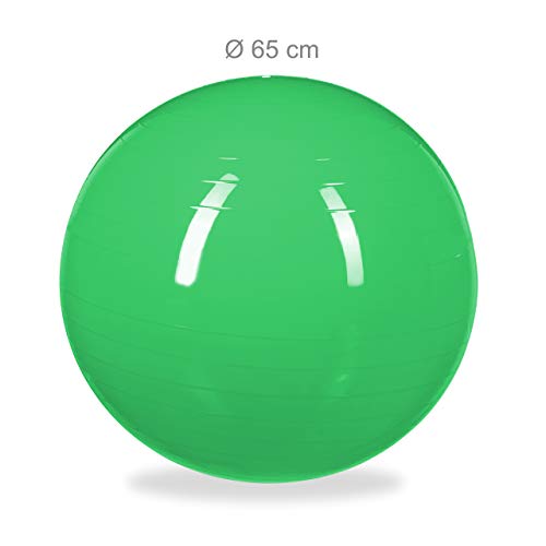 Relaxdays Balón para Ejercicios de Fitness, Pelota de Pilates, Equilibrio, con Bomba de Aire, Ø 65 cm, 1 Ud., Verde