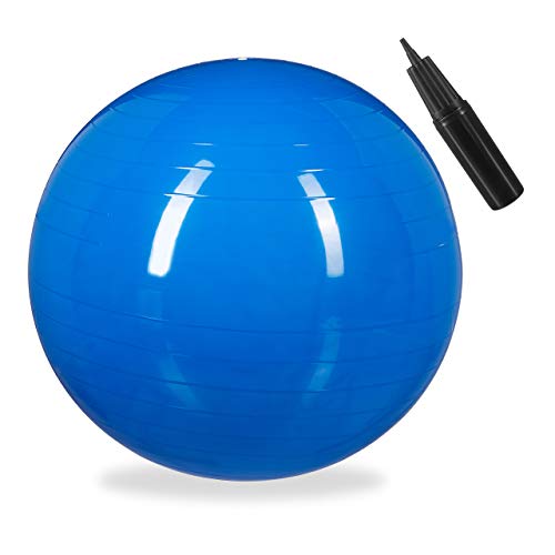 Relaxdays Balón para Ejercicios de Fitness, Pelota de Pilates, Equilibrio, con Bomba de Aire, diámetro 55 cm, 1 Ud., Azul, Adultos Unisex