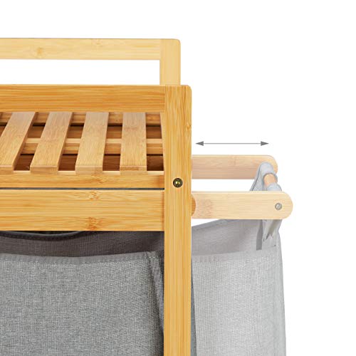 Relaxdays Cesto para la ropa sucia con estante, 2 compartimentos, 2 bolsas de 30 L, cesta para la colada de bambú, 73 x 64 x 33 cm, natural/gris, 1 unidad