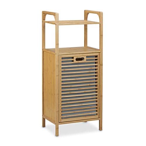 Relaxdays Estantería con cesto de la Colada, Dos estantes, Mueble de baño, 25L, 95x40x30 cm, 1 Ud, Bambú, Marrón Natural