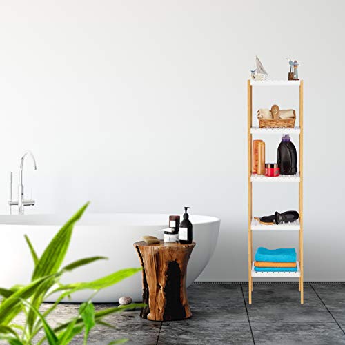 Relaxdays Estantería de bambú para baño (5 estantes, 140,5 x 34 x 33 cm), Color Blanco y Natural