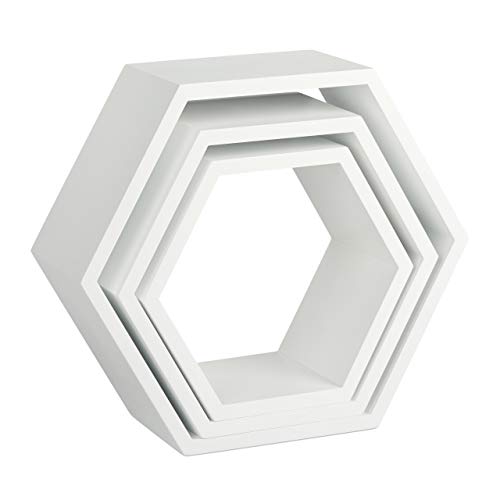 Relaxdays Juego de Baldas Pared Grandes Hexagonales, Madera MDF, Blanco, 37 x 42 x 15 cm