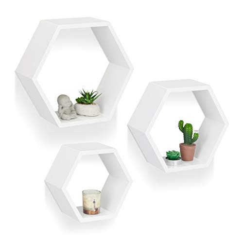 Relaxdays Juego de Baldas Pared Grandes Hexagonales, Madera MDF, Blanco, 37 x 42 x 15 cm