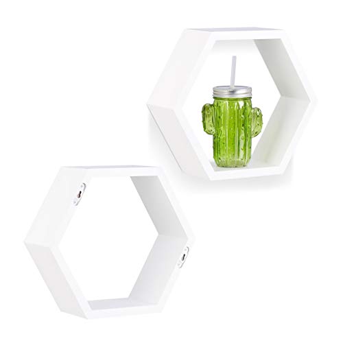 Relaxdays Juego de Baldas Pared Hexagonales, Madera, Blanco, 26 x 29,5 x 10 cm