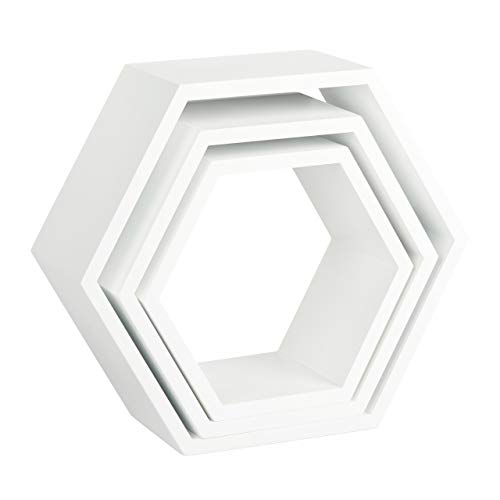 Relaxdays Juego de Baldas Pared Hexagonales, Madera, Blanco, 26 x 29,5 x 10 cm