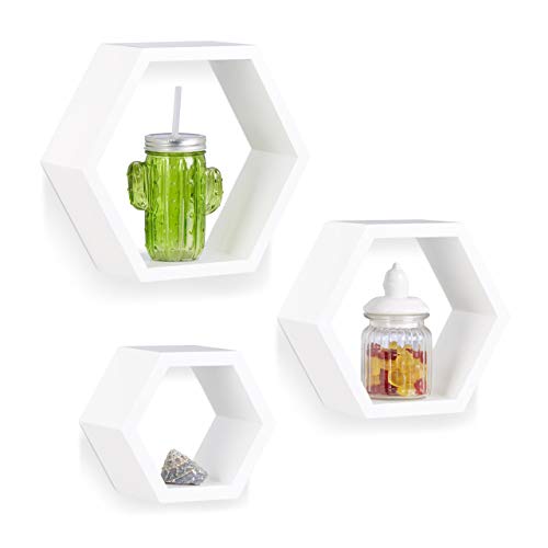 Relaxdays Juego de Baldas Pared Hexagonales, Madera, Blanco, 26 x 29,5 x 10 cm