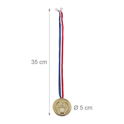 Relaxdays Medallas Doradas para niños, Set de 12, Antorcha, Colgante, Premio para ganadores, 5 cm Ø, Plástico