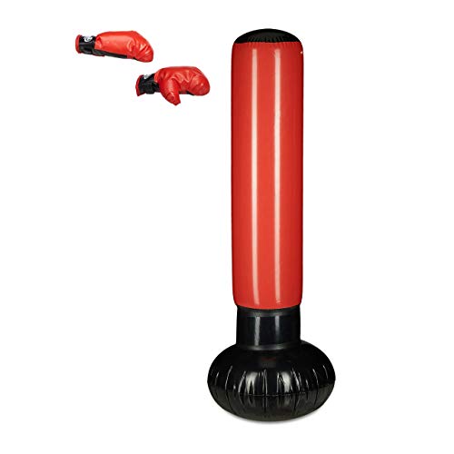 Relaxdays Niños Saco Boxeo, Punching Ball Hinchable, Boxing Bag Infantil, Juguete Antiestrés, 160 cm, PVC, Negro-Rojo