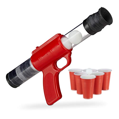 Relaxdays Pistola Juguete de Bolas con 5 Pelotas de 3 cm para Beer Pong, Rojo, 12,5 x 5 cm x 29-38 cm, Color (10023516)