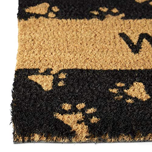 Relaxdays Welcome – Felpudo con Motivo de patitas para la Entrada de su hogar Hecho de Fibras de Coco y PVC con Medidas 40 x 60 cm Antideslizante Elemento Decorativo, Color Natural y Negro