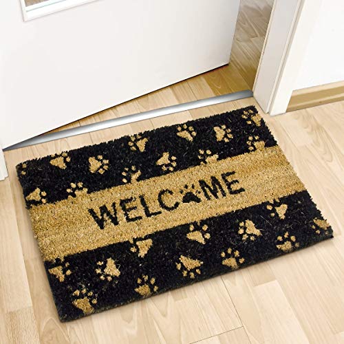 Relaxdays Welcome – Felpudo con Motivo de patitas para la Entrada de su hogar Hecho de Fibras de Coco y PVC con Medidas 40 x 60 cm Antideslizante Elemento Decorativo, Color Natural y Negro