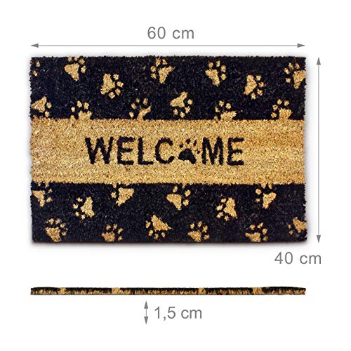 Relaxdays Welcome – Felpudo con Motivo de patitas para la Entrada de su hogar Hecho de Fibras de Coco y PVC con Medidas 40 x 60 cm Antideslizante Elemento Decorativo, Color Natural y Negro