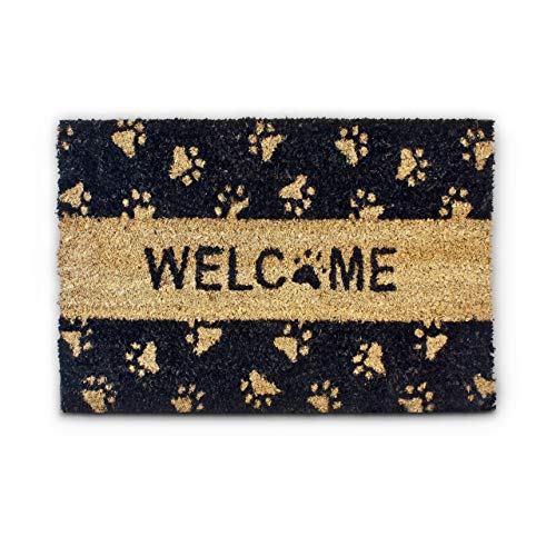 Relaxdays Welcome – Felpudo con Motivo de patitas para la Entrada de su hogar Hecho de Fibras de Coco y PVC con Medidas 40 x 60 cm Antideslizante Elemento Decorativo, Color Natural y Negro