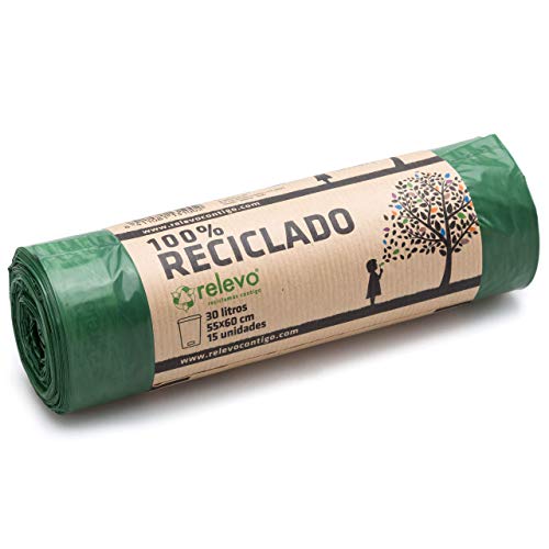 Relevo 100% Reciclado Bolsas de Basura, extra resistentes 30 L, 15 bolsas Relevo 100% Reciclado Bolsas de Basura, extra resistentes 30 L, 15 bolsas