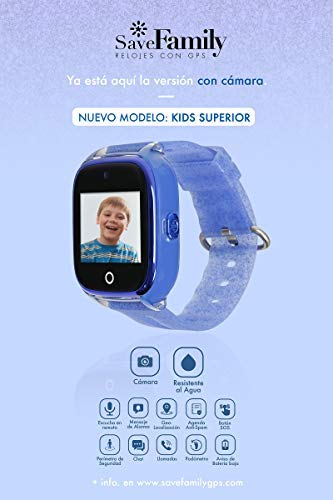 Reloj con GPS para niños SaveFamily Infantil Superior acuático Ip67 con cámara. Botón SOS, Anti-Bullying, Chat Privado, Modo Colegio, Llamadas y Mensajes. App SaveFamily. Incluye Cargador. Azul