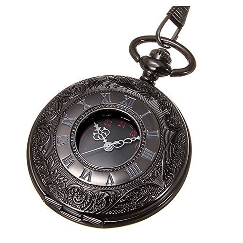 Reloj de bolsillo de collar - SODIAL(R)Reloj de bolsillo de colgant del cuarzo del collar de numeros romanos negro de steampunk de la vendimia Regalo