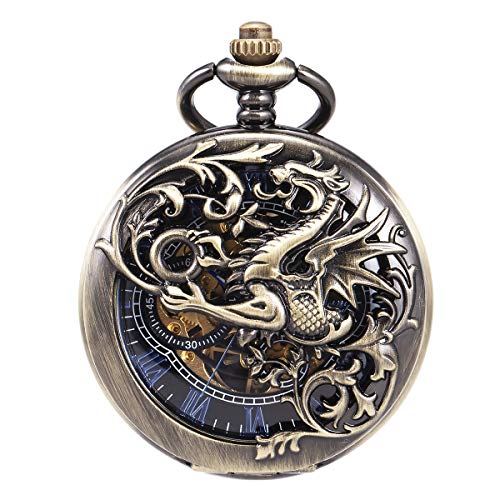 Reloj de Bolsillo - Dream Dragon ManChDa mecánico Skeleton Dial Negro Bronce Caja Doble con Cadena + Caja de Regalo (1. Bronce)