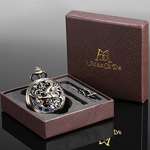 Reloj de Bolsillo - Dream Dragon ManChDa mecánico Skeleton Dial Negro Bronce Caja Doble con Cadena + Caja de Regalo (1. Bronce)