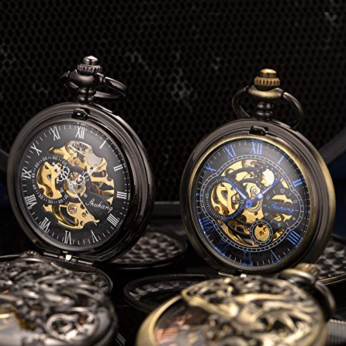 Reloj de Bolsillo - Dream Dragon ManChDa mecánico Skeleton Dial Negro Bronce Caja Doble con Cadena + Caja de Regalo (1. Bronce)