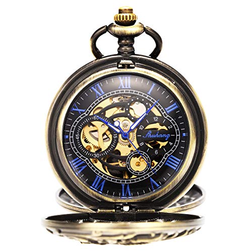 Reloj de Bolsillo - Dream Dragon ManChDa mecánico Skeleton Dial Negro Bronce Caja Doble con Cadena + Caja de Regalo (1. Bronce)