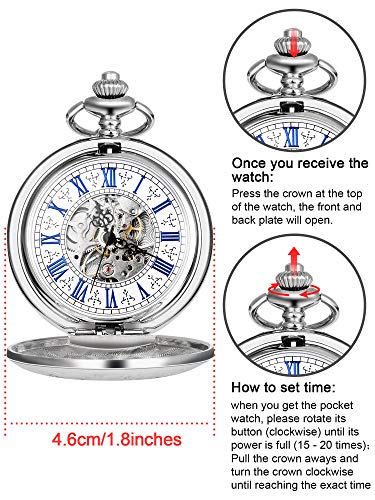 Reloj de Bolsillo Mecánico de Hombres de Esqueleto de Acero de Windup de Doble Capa de Esfera Romana Azul Steampunk (Plateado)